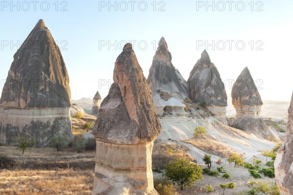 Phallic shaped rock formations in the volcanic landscape of Cappadocia national park in the