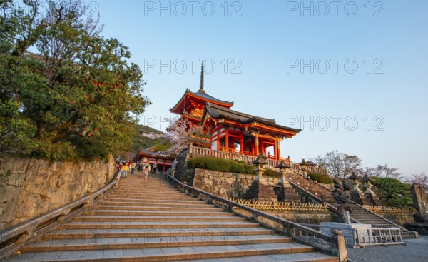 Stairs to Nishimon Gate and Sanjunoto Pagoda, Kiyomizu-dera Temple, in the evening light, Buddhist