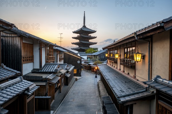 Yasaka dori historic street in the old town with traditional Japanese houses, five-story Yasaka