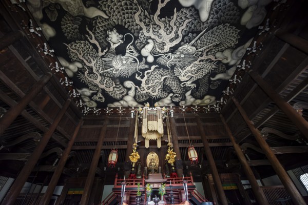 Interior view of Hodo Hall in Kennin-ji Buddhist Temple, Twin Dragon ceiling painting by artist