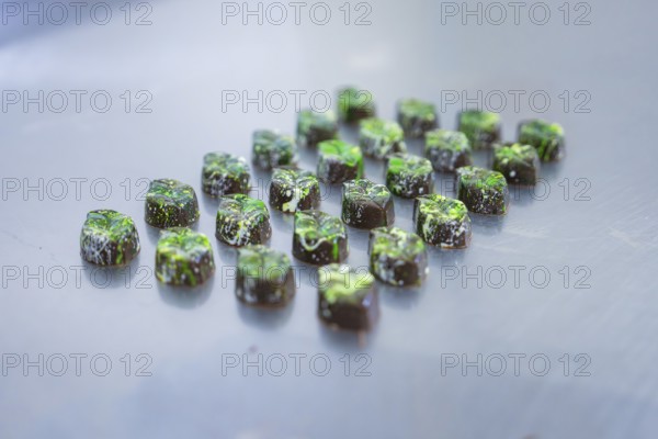 Numerous chocolates with green decorations on a smooth surface, vegan chocolates production,