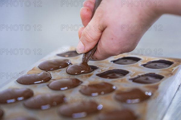 Close-up of filling chocolate molds with chocolate, vegan chocolates production, Haselstaller Hof,