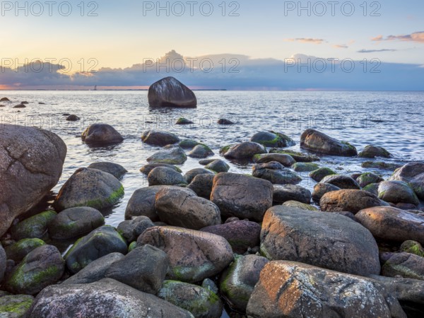 Sunset on the Baltic Sea, boulders on the shore, Schwanensteint in the back, Lohme, Jasmund
