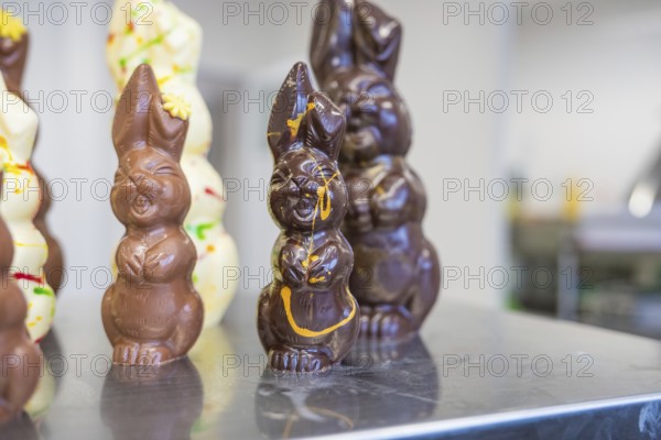 Various chocolate bunnies in dark brown and beige with Easter decoration, Easter production of