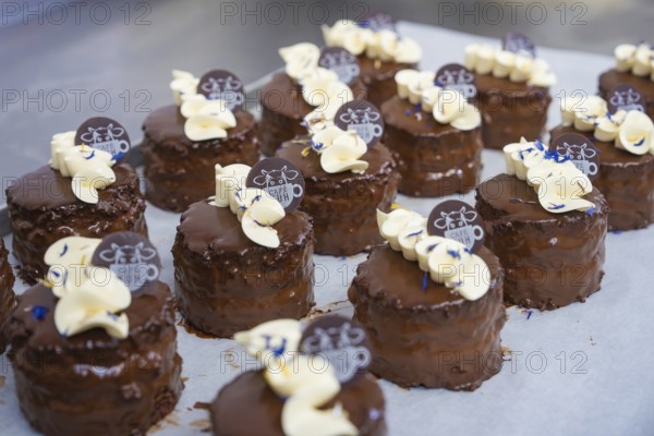 Several chocolate cakes on a tray, decorated with cream and logos, vegan cake production,