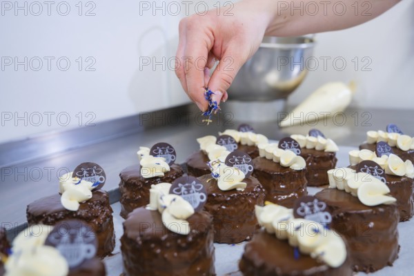 Small chocolate cakes in kitchen, hand adds decoration, vegan cake production, Haselstaller Hof,