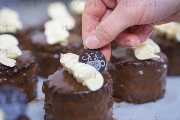 A small chocolate dessert is decorated with a café logo, Vegan Törtchen Produktion, Haselstaller