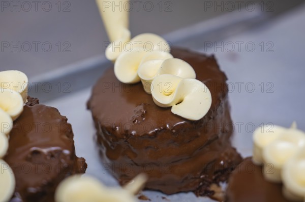 Chocolate cake is decorated with elegant cream decoration from a piping bag, vegan cake production,