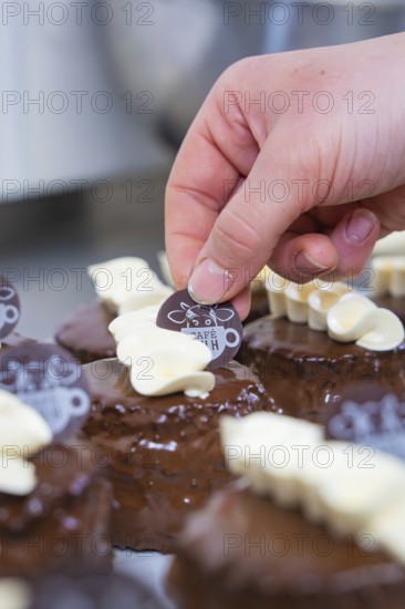 A dessert is decorated with white chocolate and a café logo, Vegan Tart Production, Haselstaller
