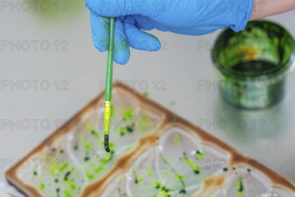A gloved blue hand holds a brush covered with green paint over a mold, Vegan Chocolate Production,