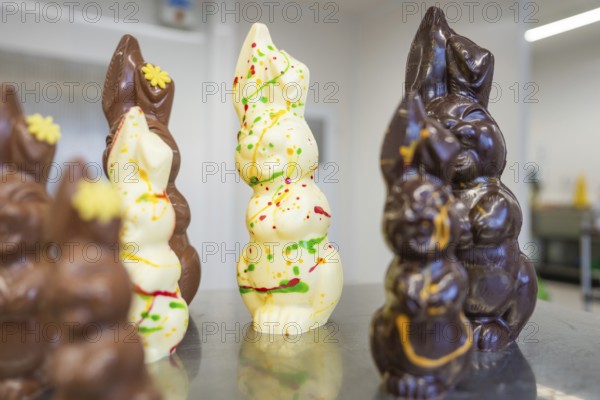 Different sized chocolate bunnies in Easter presentation, Easter production of regional products,