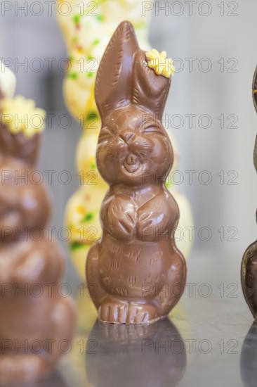 Happy chocolate bunny with flower decoration, standing upright on metal surface, Easter production