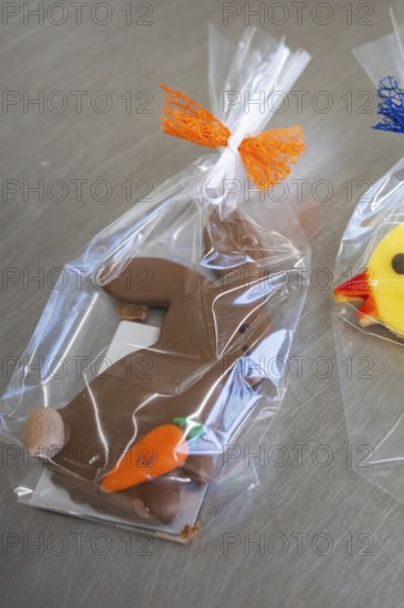 Brown chocolate rabbit cookie with carrot, wrapped in transparent film with orange ribbon, Easter