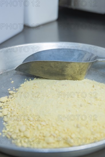 A tray with a metal scoop full of yellow powder in a kitchen, chocolate quail eggs, Easter