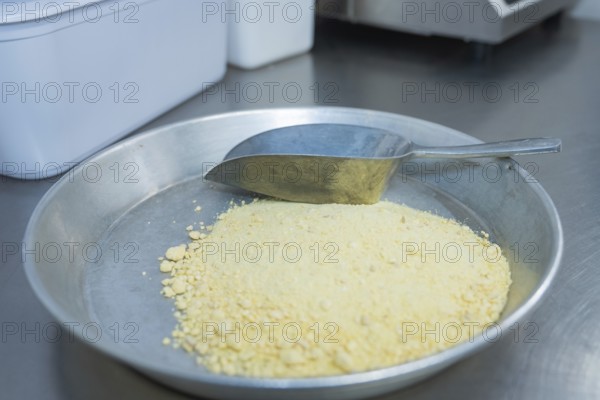 Yellow powder on a tray with a metal scoop in a kitchen setting, chocolate quail eggs, Easter