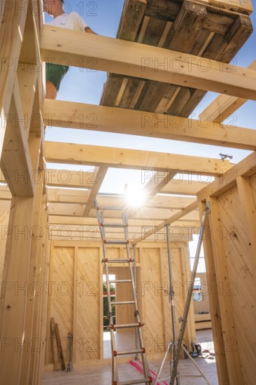 Interior view of a timber structure with ladder and sunlight, timber house construction, Gechingen,