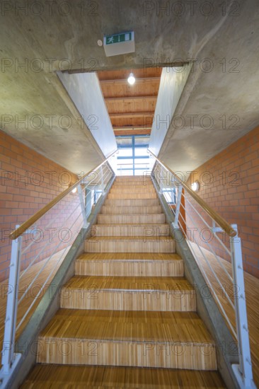 Wooden steps lead up into an open, bright room, Schlehengäu Sporthalle Gechingen, Calw district,
