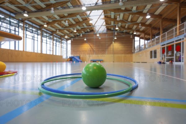 Green ball and tires in a spacious and modern gym, Schlehengäu Sporthalle Gechingen, Calw district,