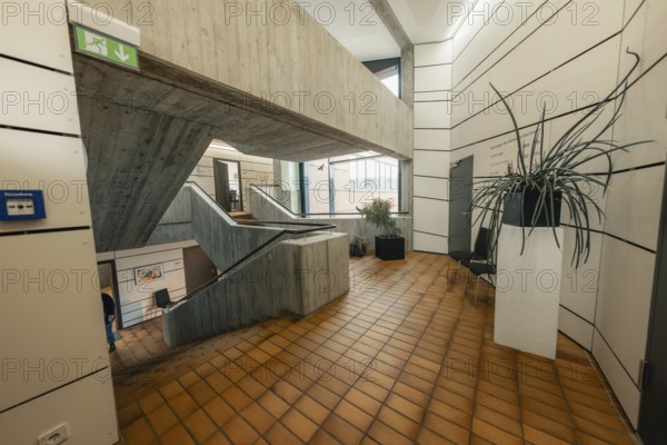 Modern, minimalistic staircase with concrete and wood elements, Gechingen Town Hall, Calw district,