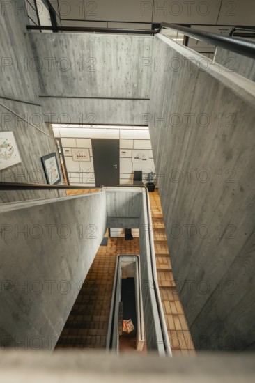 Modern architecture with concrete and wooden tiles from a stairway view, Gechingen Town Hall, Calw