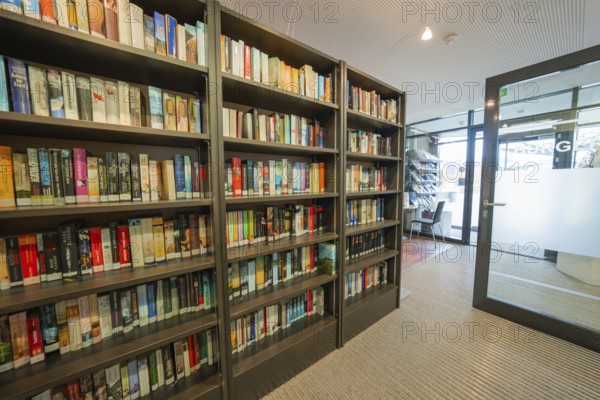 Modern library with bookshelves and glass walls, cozy atmosphere, Gechingen Town Hall, Calw