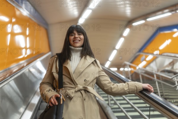 Woman in a trench coat and sweater ascending an escalator in a modern subway station, holding a bag