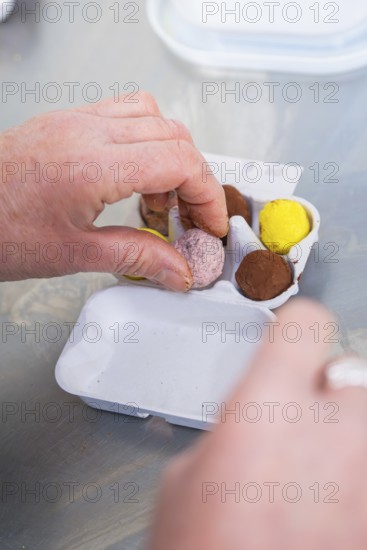 Person places different colored chocolate eggs in cardboard tray, chocolate quail eggs, Easter