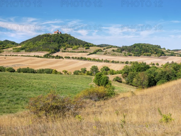 View of hilly landscape with meadows, fields and forests of Wachsenburg Castle in summer,