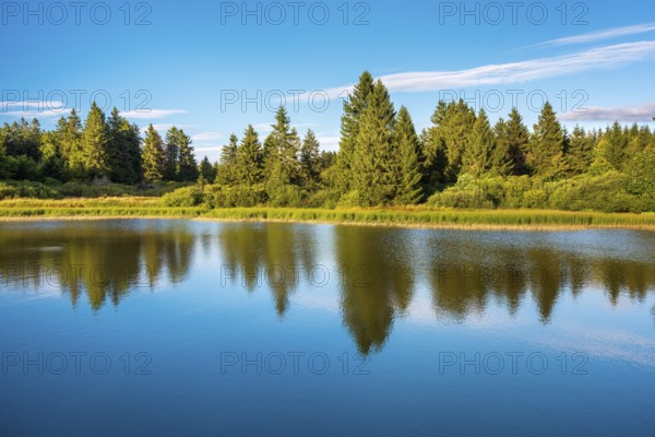 Trout pond under blue sky, forest reflected, Vogelsberg Volcanic Region nature park Park, Hesse,