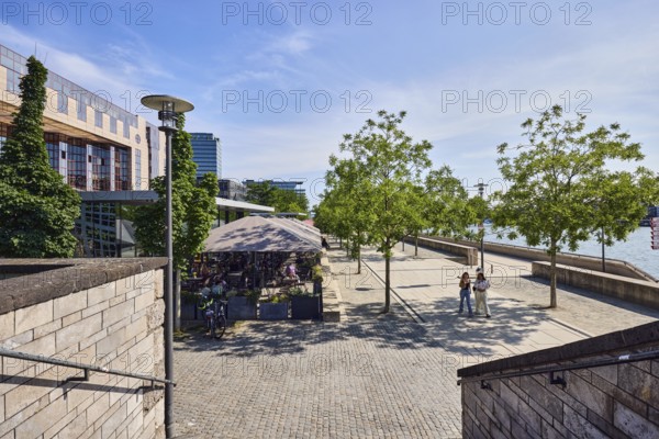 Staircase, natural stone wall, waterfront, Rhine river, commercial building, modern architecture,