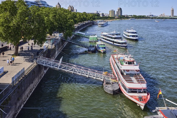 Rhine river, general architecture, Zoobrücke car bridge, footpath and cycle path, waterfront, boat