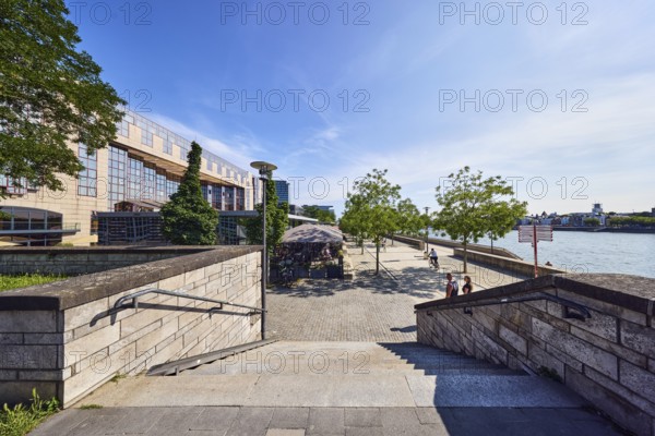 Staircase, natural stone wall, waterfront, Rhine river, commercial building, modern architecture,