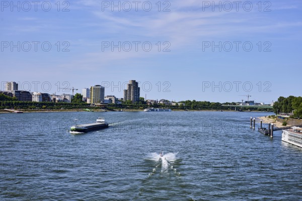 Rhine river, total view, European ship Pankgraf, jet ski, car bridge, zoo bridge, general
