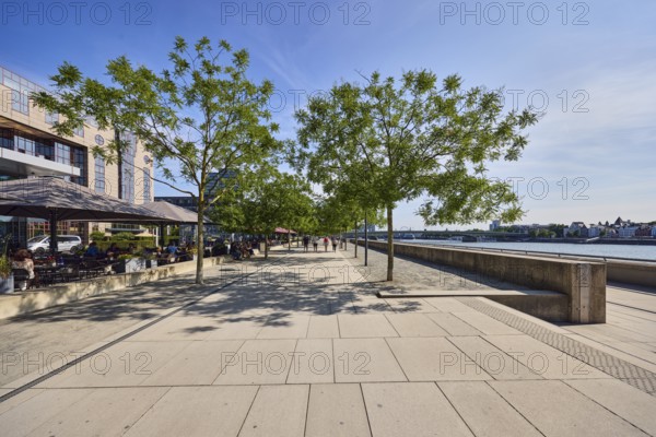 Grissini restaurant and terrace, outdoor area, gastronomy, Rhine river, concrete wall, waterfront,