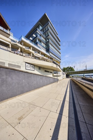 Rhine river, Rhine kilometer 688, kilometer marking, general development, commercial buildings,
