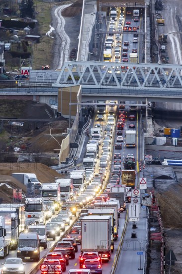 Traffic jam at the permanent construction site of the A8 motorway near Pforzheim-Ost. One side of