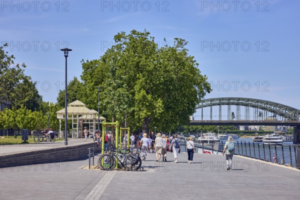 Rhine river, bridge, Hohenzollern bridge, metal railing, lantern, waterfront, pedestrians as