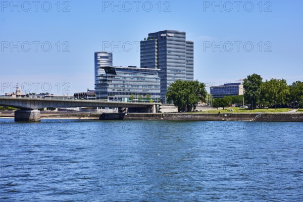 Rhine river, MaxCologne high-rise building, Lanxess, corporate headquarters, car bridge and
