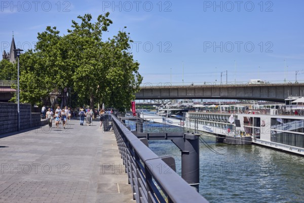 Rhine river, waterfront, metal railing, lantern, ship, gangway, bridge, Deutz bridge, pedestrian as