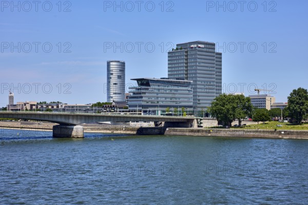 Rhine river, KölnTriangle and MaxCologne skyscrapers, Lanxess, corporate headquarters, car bridge