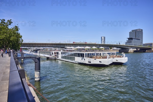 Rhine river, Viking Hlin river cruise ship, Viking Cruises, MaxCologne high-rise building, car