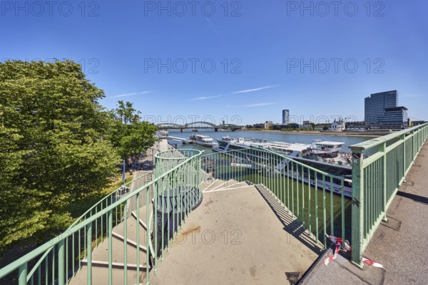 Rhine river, metal railings, outdoor spiral staircase, general architecture, skyscrapers, modern