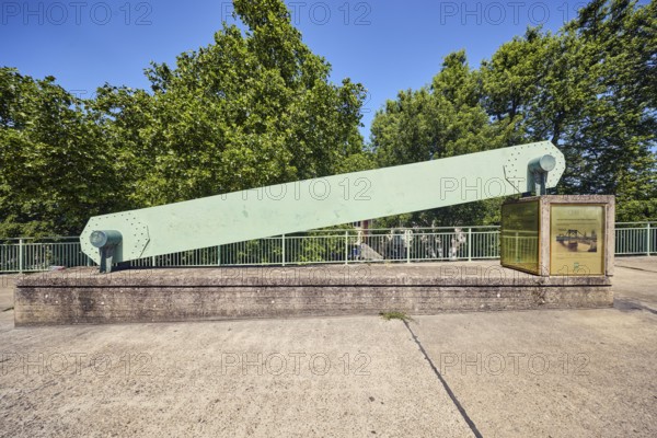 Hindenburg Bridge monument, historic chain link of a suspension bridge, metal railing, concrete