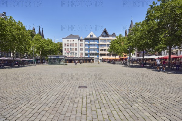 Row of houses, buildings, paving stone square, trees, blue sky, cloudless, hay market, Cologne,