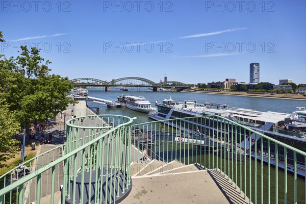 Rhine river, metal railings, outdoor spiral staircase, general architecture, skyscrapers, modern