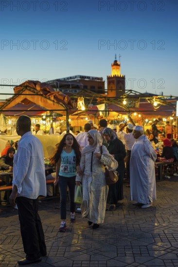Food stalls on Place Djemma el-Fna, Gauklerplatz, UNESCO World Heritage Site, Blue Hour, Marrakech,