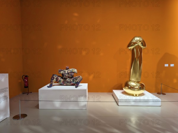 Colorful sculpture, Nana, woman, Niki de Saint Phalle and golden phallus sculpture, Japanese artist