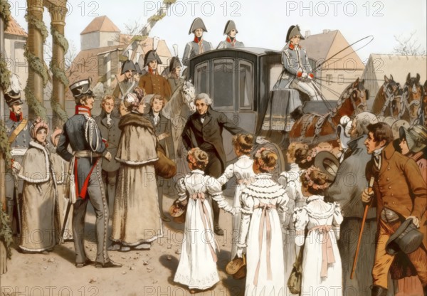 Return of the royal family to Berlin, 23 December 1809, Mayor Büsching welcomes the Queen in