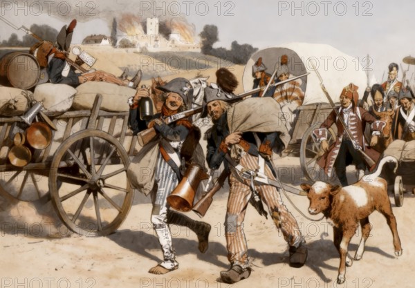 French Revolution soldiers in the Palatinate robbing and looting, Germany, 1793, historical