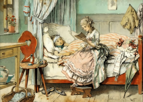 Princess Louise at the bedside of a sick scarlet village child in Broich, reading a fairy tale